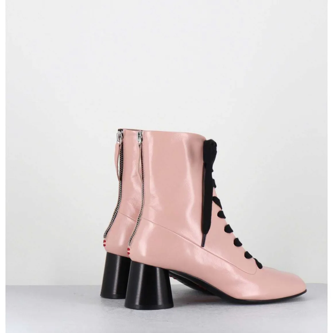 Boots En Cuir Rose Poudre A Lacets Noir Talon Geometrique - Dani14 Glaze Rosa