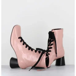 Boots En Cuir Rose Poudre A Lacets Noir Talon Geometrique - Dani14 Glaze Rosa