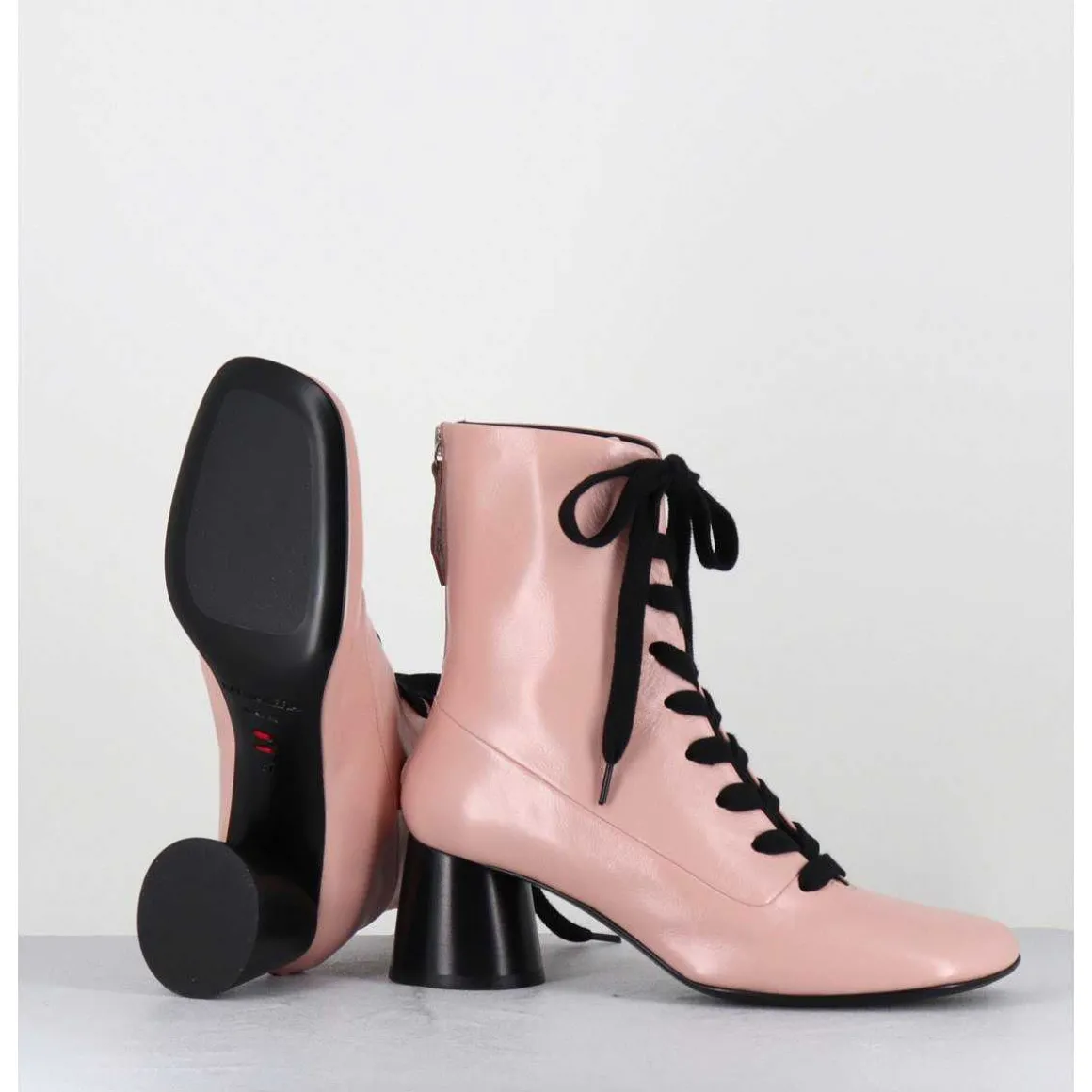 Boots En Cuir Rose Poudre A Lacets Noir Talon Geometrique - Dani14 Glaze Rosa
