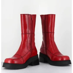 Boots En Cuir Rouge & Surpiqures Noires - Heya Red Boots