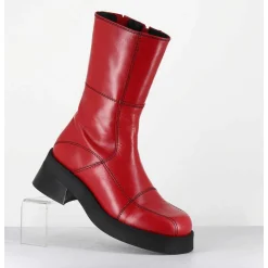 Boots En Cuir Rouge & Surpiqures Noires - Heya Red Boots