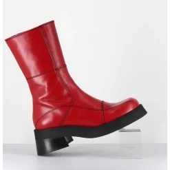 Boots En Cuir Rouge & Surpiqures Noires - Heya Red Boots