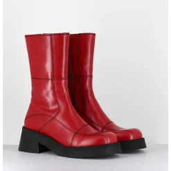 Boots En Cuir Rouge & Surpiqures Noires - Heya Red Boots