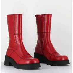 Boots En Cuir Rouge & Surpiqures Noires - Heya Red Boots