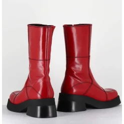 Boots En Cuir Rouge & Surpiqures Noires - Heya Red Boots