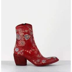 Boots En Cuir Rouge Broderies Fleurs - 3207 Ignis Rosso