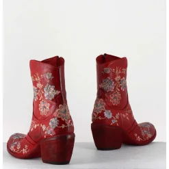 Boots En Cuir Rouge Broderies Fleurs - 3207 Ignis Rosso