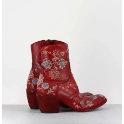 Boots En Cuir Rouge Broderies Fleurs - 3207 Ignis Rosso