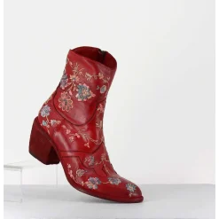 Boots En Cuir Rouge Broderies Fleurs - 3207 Ignis Rosso