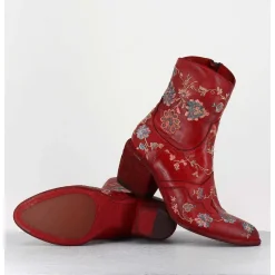 Boots En Cuir Rouge Broderies Fleurs - 3207 Ignis Rosso
