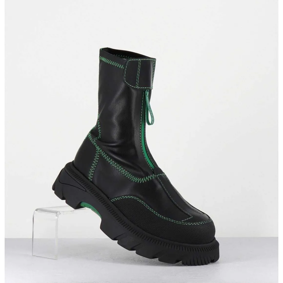 Boots En Cuir Stretch Noir & Vert - Danica Raven Black