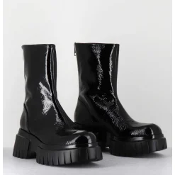 Boots En Cuir Vernis Noir Semelle Epaisse - Melia2 Cindy Nero