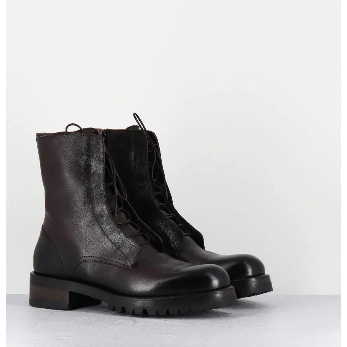 Boots Plates A Lacets En Cuir Marron Vieilli - Camil 70022 Teak