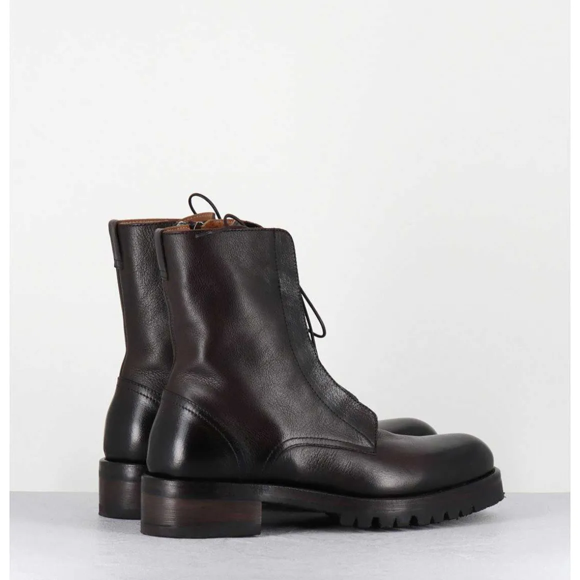Boots Plates A Lacets En Cuir Marron Vieilli - Camil 70022 Teak