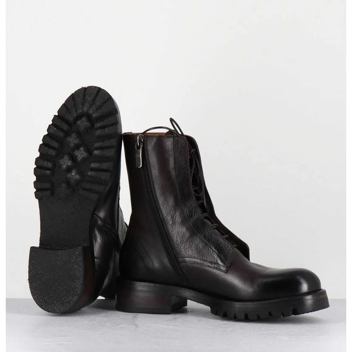 Boots Plates A Lacets En Cuir Marron Vieilli - Camil 70022 Teak