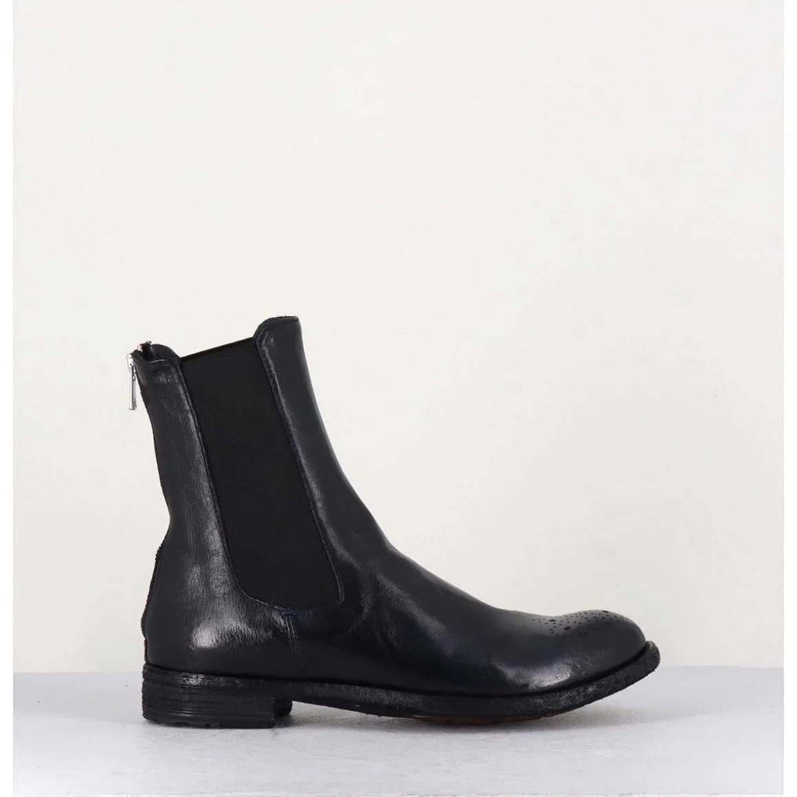 Boots Plates En Cuir Bleu Marine, Elastique & Bout Fleuri - Lexikon099 Navy