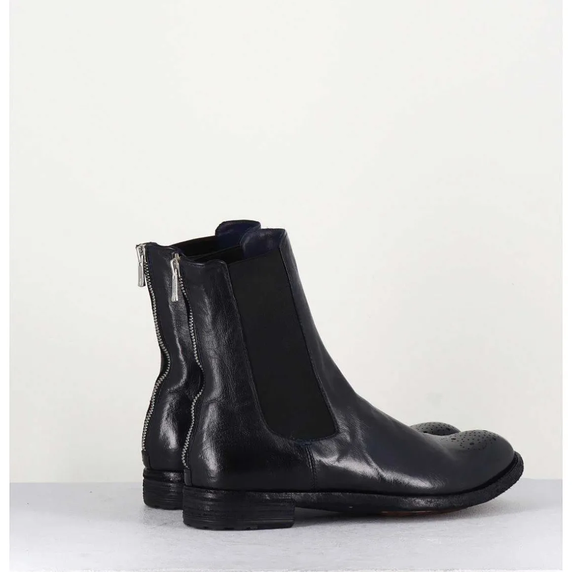 Boots Plates En Cuir Bleu Marine, Elastique & Bout Fleuri - Lexikon099 Navy