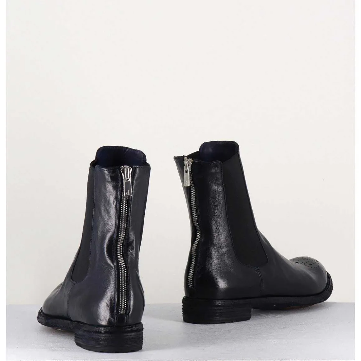 Boots Plates En Cuir Bleu Marine, Elastique & Bout Fleuri - Lexikon099 Navy