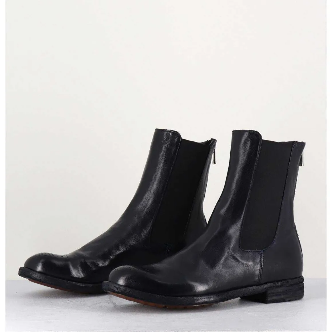 Boots Plates En Cuir Bleu Marine, Elastique & Bout Fleuri - Lexikon099 Navy