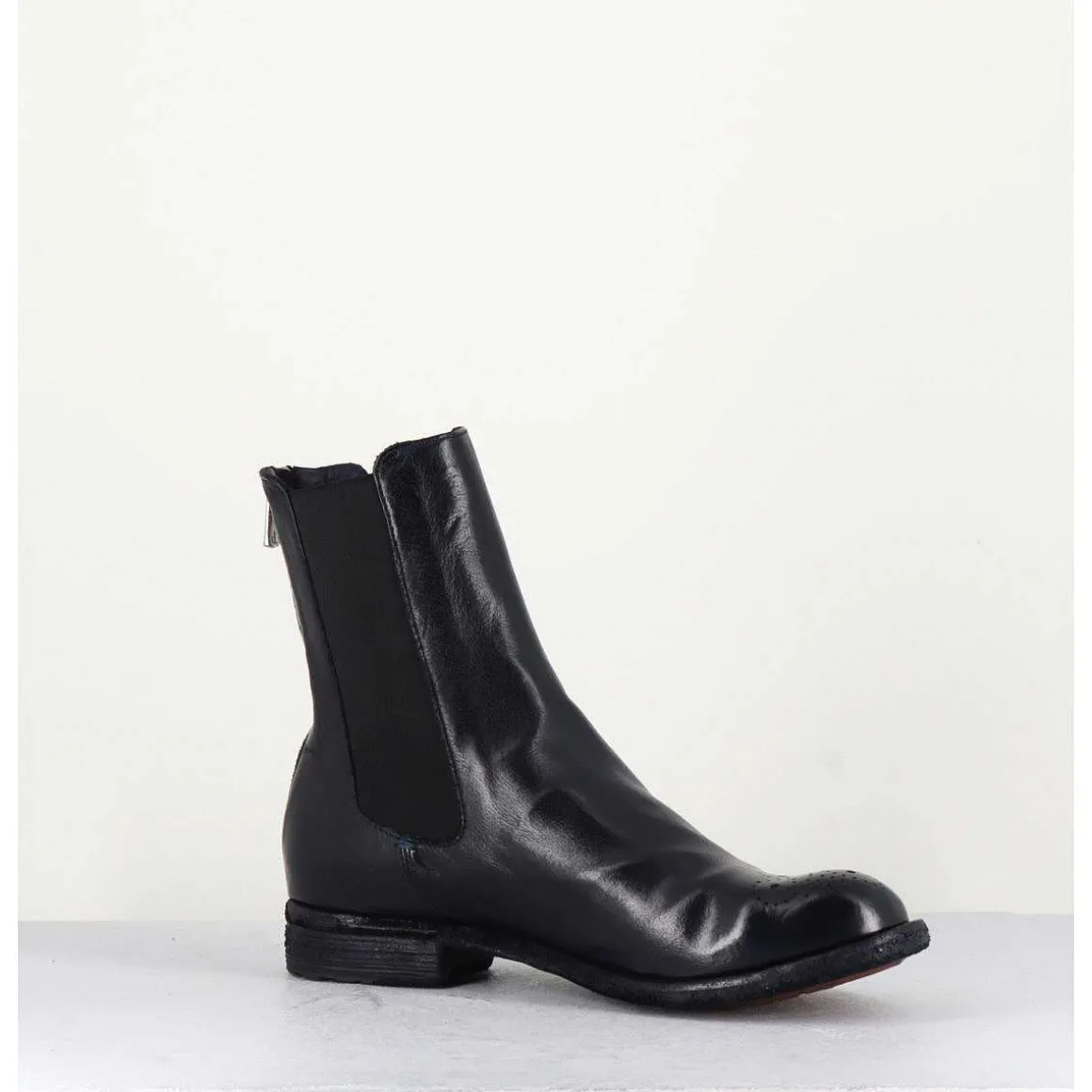 Boots Plates En Cuir Bleu Marine, Elastique & Bout Fleuri - Lexikon099 Navy