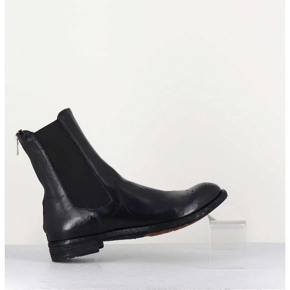 Boots Plates En Cuir Bleu Marine, Elastique & Bout Fleuri - Lexikon099 Navy