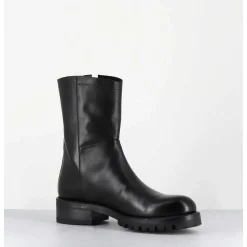 Boots Plates En Cuir Noir Pures Avec Zip Exterieur - Eva 82042 Black