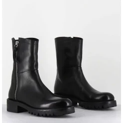 Boots Plates En Cuir Noir Pures Avec Zip Exterieur - Eva 82042 Black
