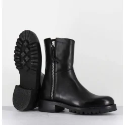 Boots Plates En Cuir Noir Pures Avec Zip Exterieur - Eva 82042 Black