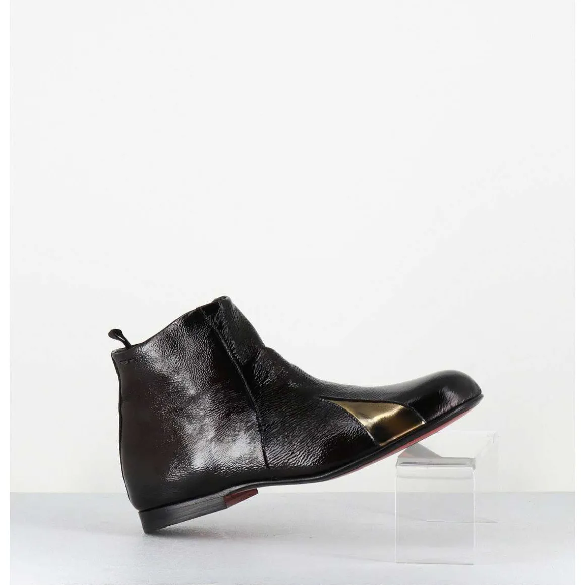 Boots Plates En Cuir Vernis Souple Marron & Dore - 60464 Moro Lamin Oro