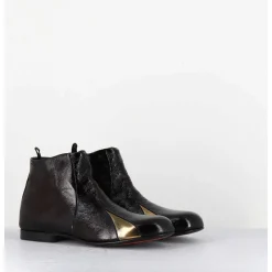 Boots Plates En Cuir Vernis Souple Marron & Dore - 60464 Moro Lamin Oro