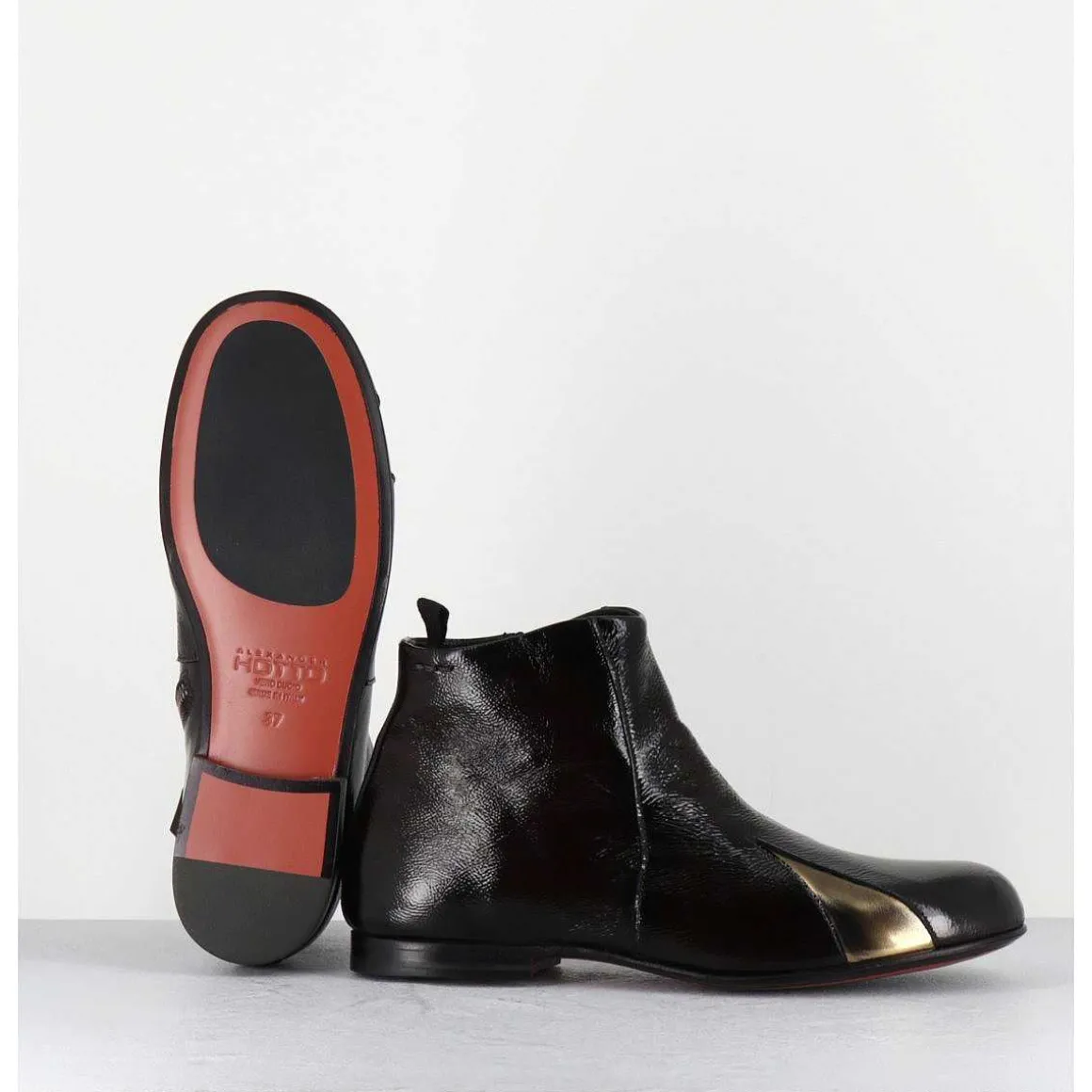 Boots Plates En Cuir Vernis Souple Marron & Dore - 60464 Moro Lamin Oro
