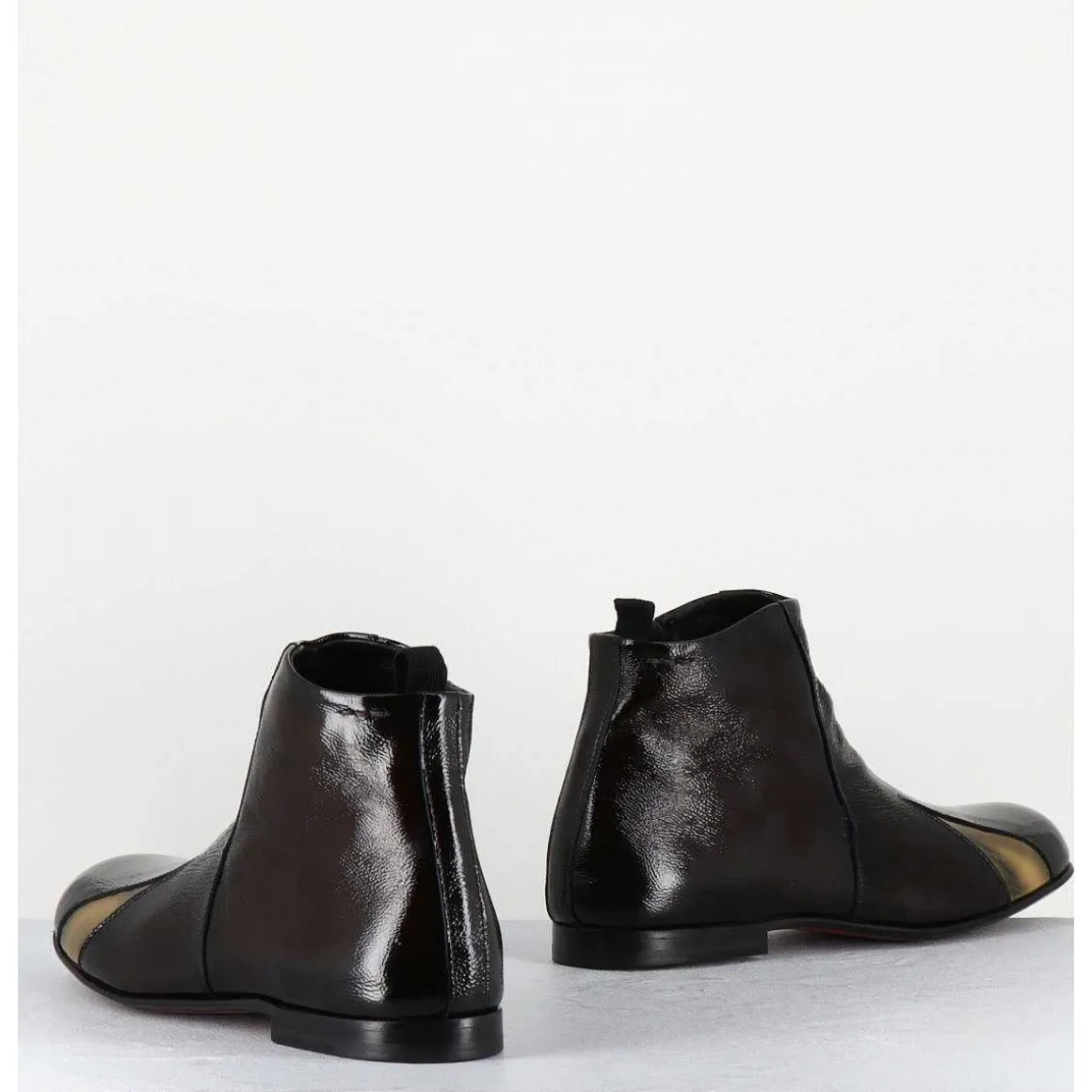 Boots Plates En Cuir Vernis Souple Marron & Dore - 60464 Moro Lamin Oro