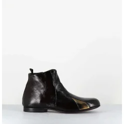 Boots Plates En Cuir Vernis Souple Marron & Dore - 60464 Moro Lamin Oro