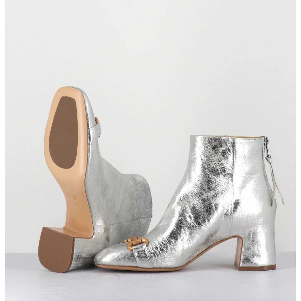 Boots 70S Petit Talon En Cuir Argent Vieilli - Q199 Vintage Silver