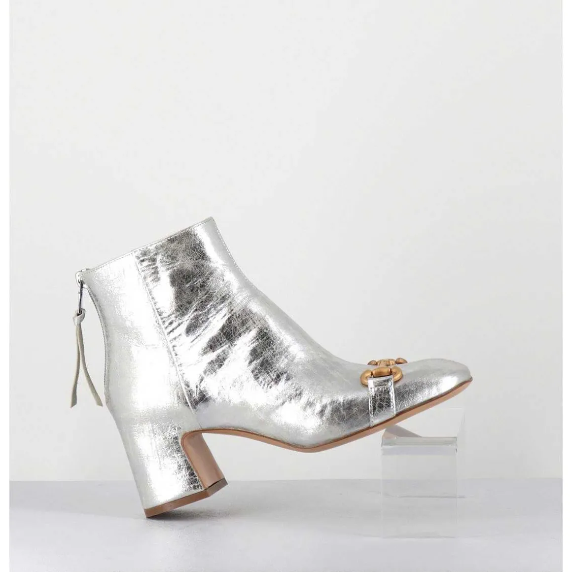 Boots 70S Petit Talon En Cuir Argent Vieilli - Q199 Vintage Silver