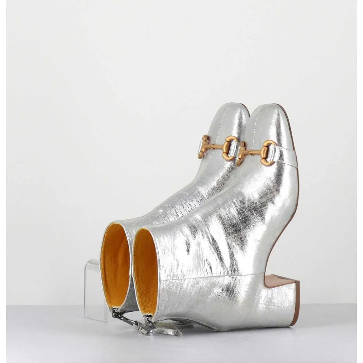 Boots 70S Petit Talon En Cuir Argent Vieilli - Q199 Vintage Silver