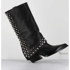 Boots Santiags A Guetre En Cuir Noir & Clous - E3711 Nature Nero