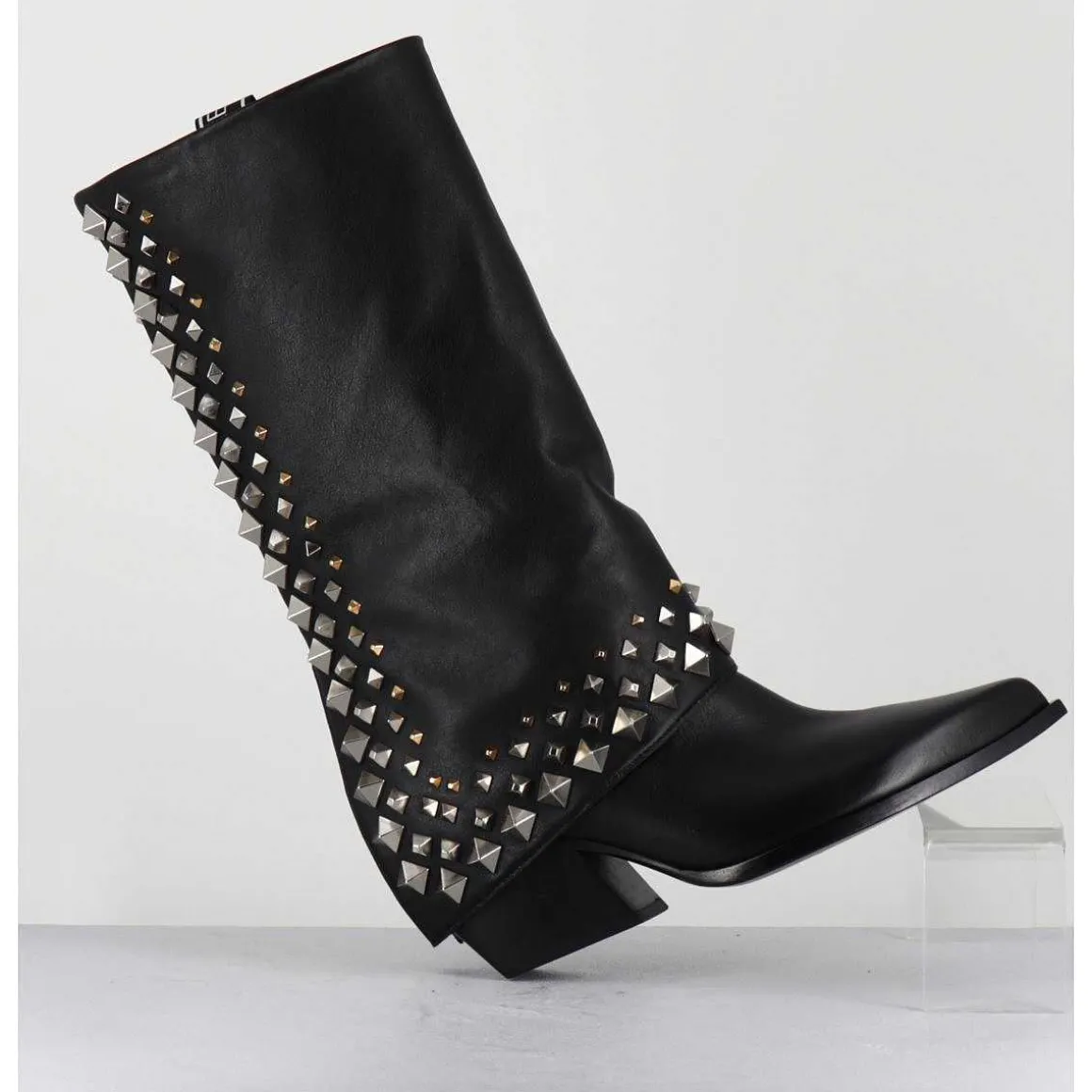 Boots Santiags A Guetre En Cuir Noir & Clous - E3711 Nature Nero