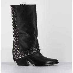Boots Santiags A Guetre En Cuir Noir & Clous - E3711 Nature Nero