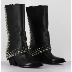 Boots Santiags A Guetre En Cuir Noir & Clous - E3711 Nature Nero