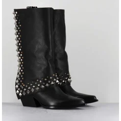 Boots Santiags A Guetre En Cuir Noir & Clous - E3711 Nature Nero