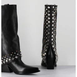 Boots Santiags A Guetre En Cuir Noir & Clous - E3711 Nature Nero