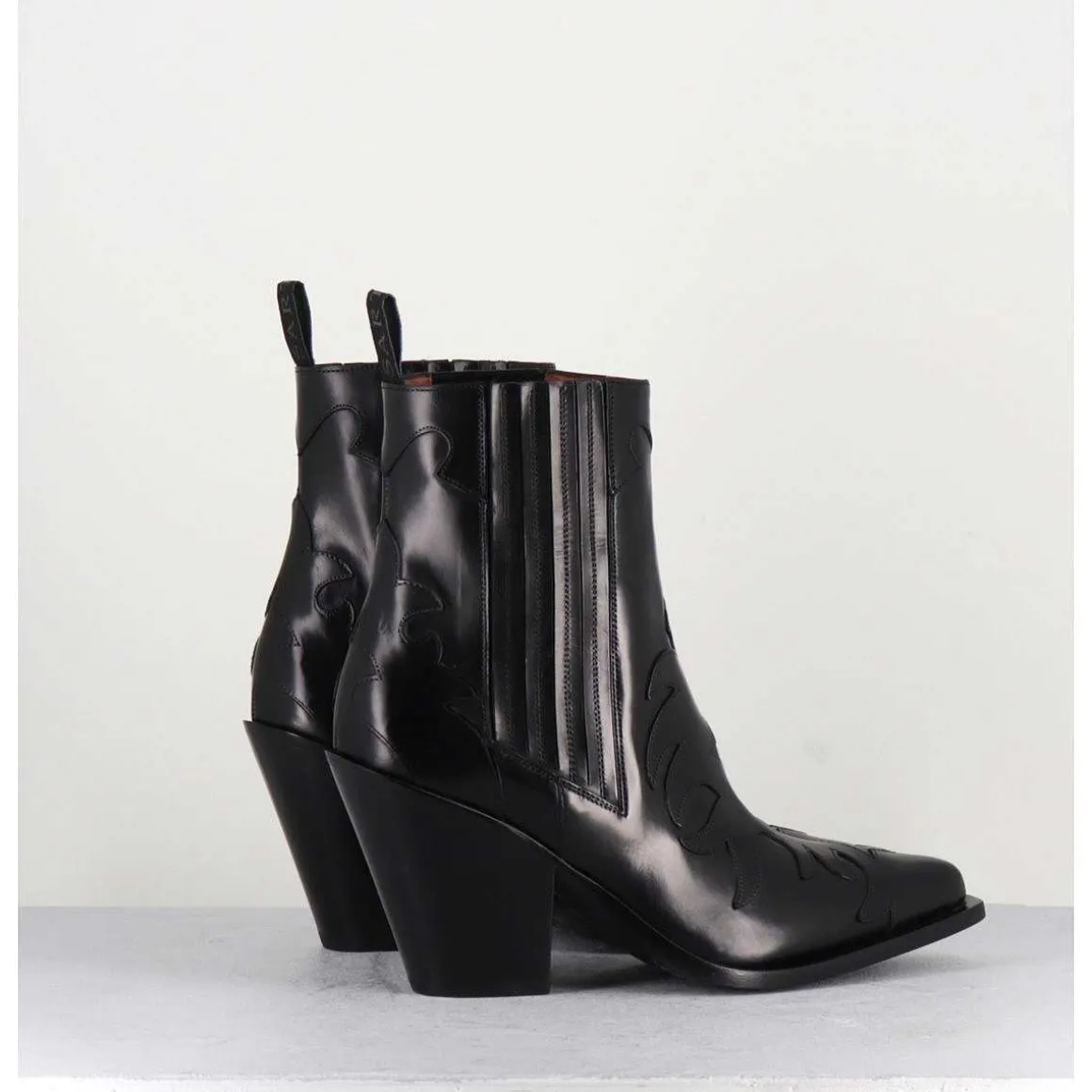 Boots Santiags En Cuir Noir Flammes & Elastique A Talon Haut - Sr3921 Nero