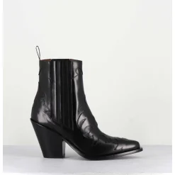Boots Santiags En Cuir Noir Flammes & Elastique A Talon Haut - Sr3921 Nero
