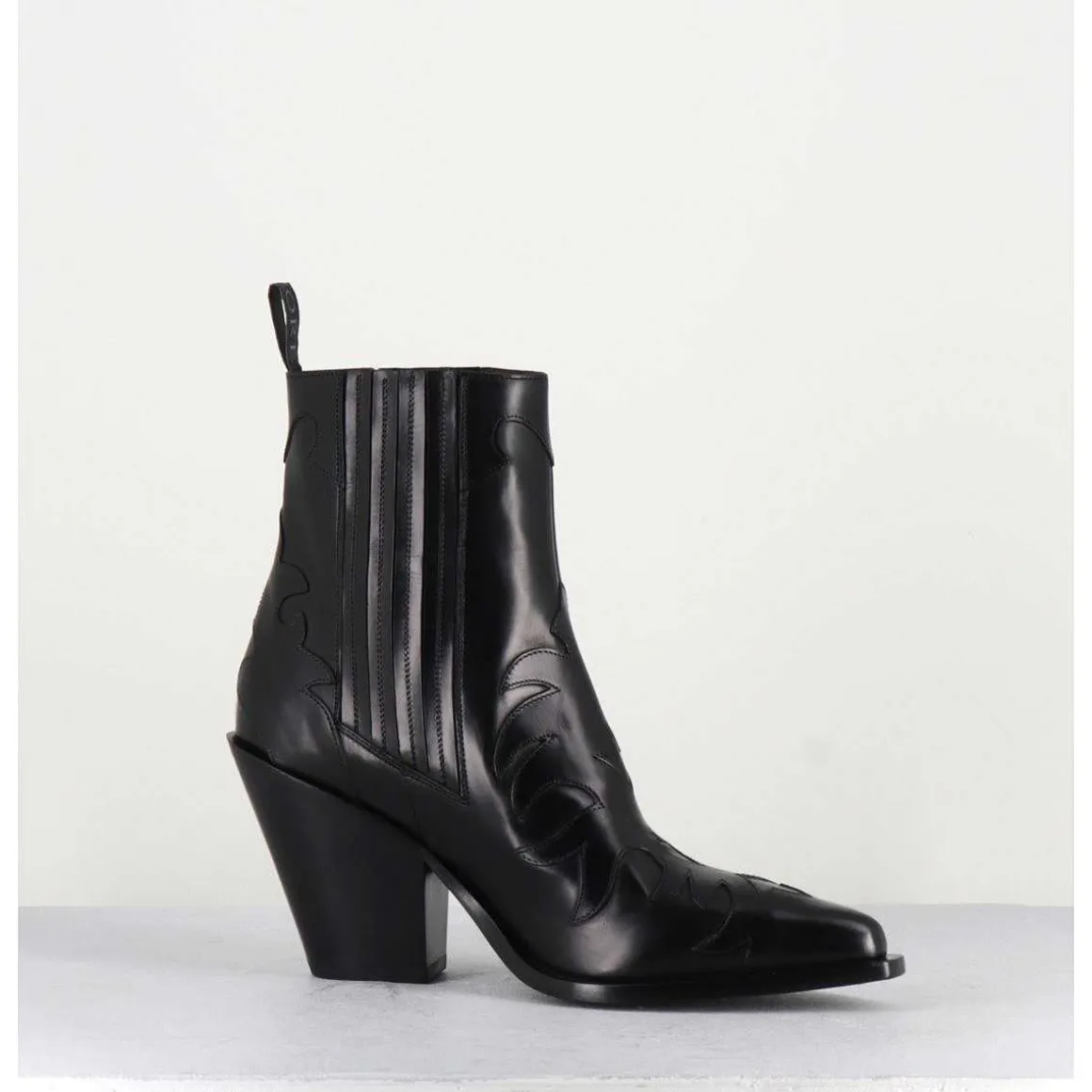 Boots Santiags En Cuir Noir Flammes & Elastique A Talon Haut - Sr3921 Nero