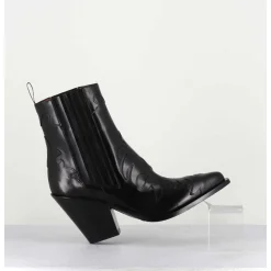Boots Santiags En Cuir Noir Flammes & Elastique A Talon Haut - Sr3921 Nero