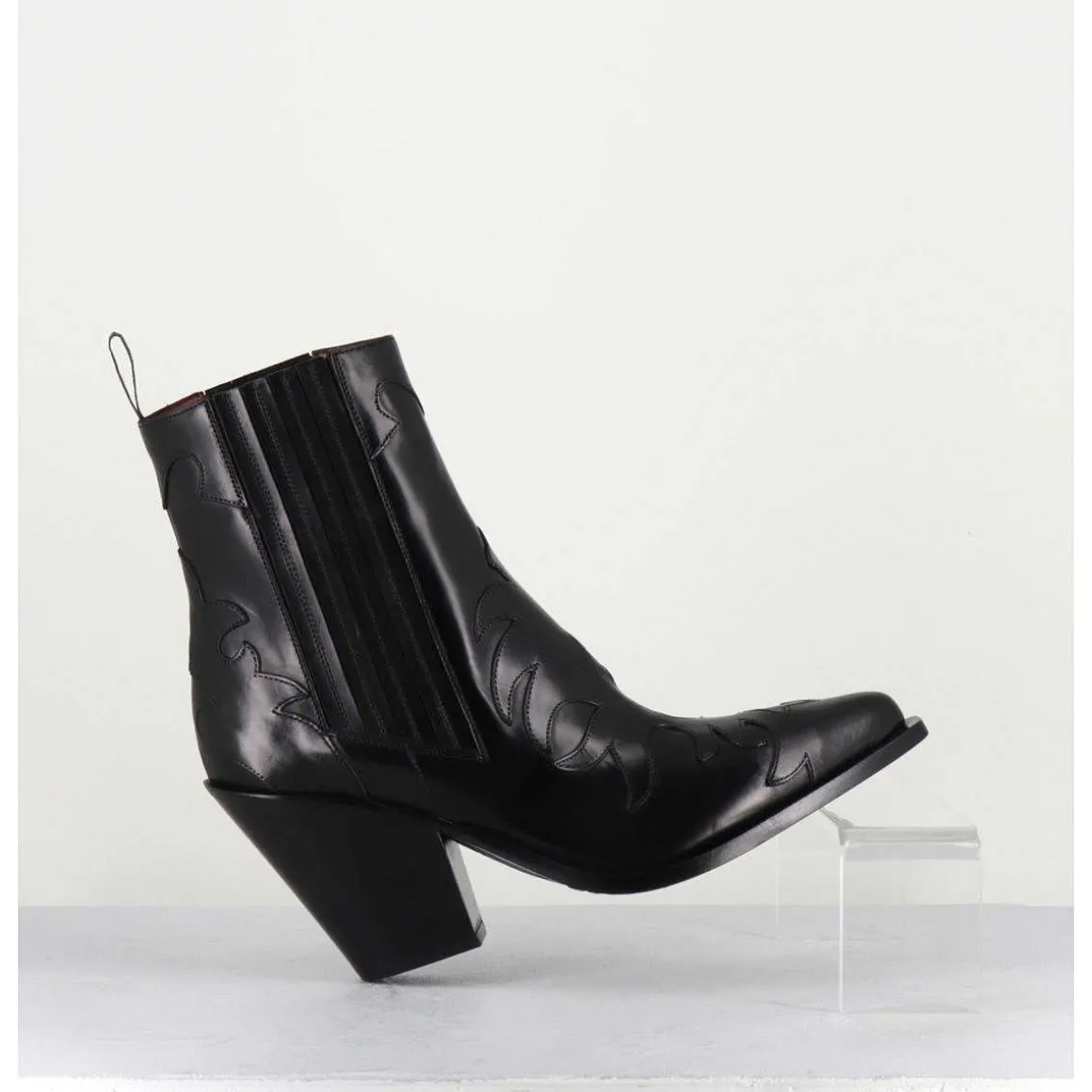 Boots Santiags En Cuir Noir Flammes & Elastique A Talon Haut - Sr3921 Nero