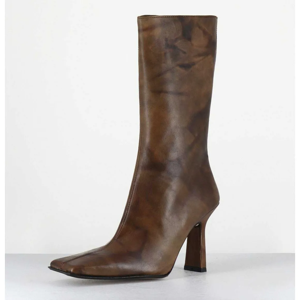 Boots Talon Haut & Bout Carre En Cuir Marron Vieilli - Noor Brown Ankle Boots
