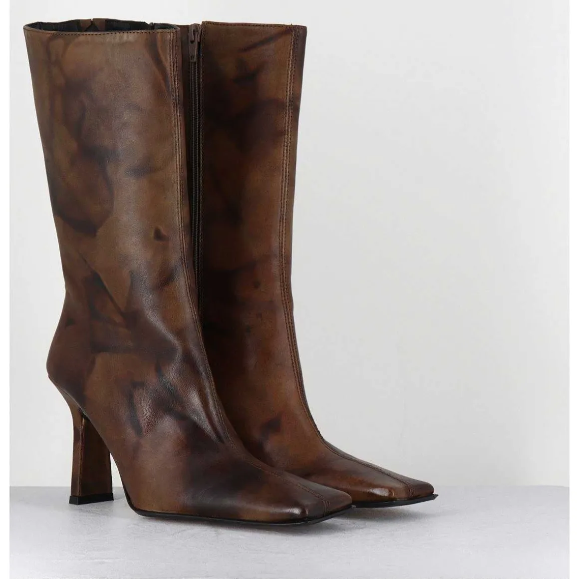 Boots Talon Haut & Bout Carre En Cuir Marron Vieilli - Noor Brown Ankle Boots