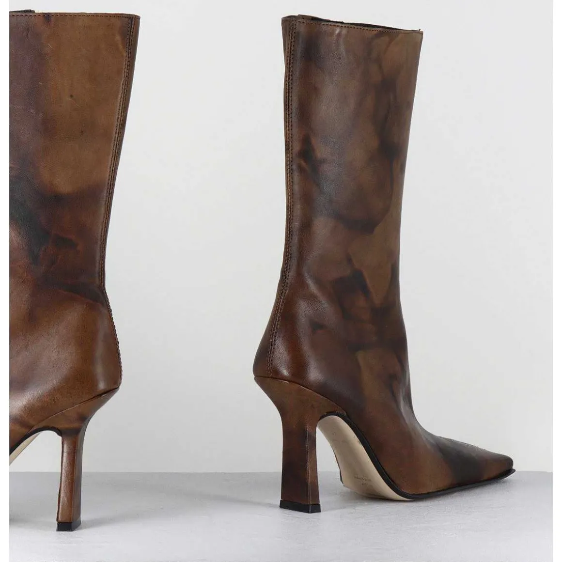 Boots Talon Haut & Bout Carre En Cuir Marron Vieilli - Noor Brown Ankle Boots
